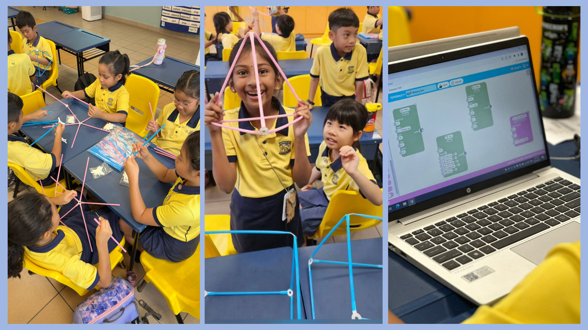 Students in Kranji Primary school uniforms build straw structures; one holds a pink star shape; a laptop shows a block coding program.